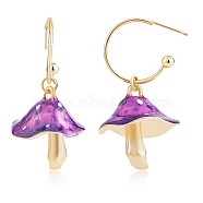 Enamel Mushroom Dangle Stud Earrings, Gold Plated Alloy  Half Hoop Earrings for Women, Purple, 47x24.5mm, Pin: 0.7mm(JE987A)