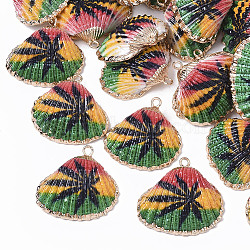 Electroplate Printed Natural Scallop Shell Pendants, Sea Shell Pendants, with Brass Loops, Leaf Pattern, 22~27x23~29x8~10mm, Hole: 1.8mm(X-SSHEL-R047-04-A02)