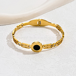 Natural Shell Flat Round Bangle, Real 18K Gold Plated Stainless Steel Bangle, Black, Inner Diameter: 2-3/8~2-3/4 inch(6~7cm)(SR1208-1)