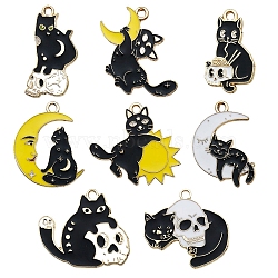 Alloy Enamel Pendants, Cat with Skull & Moon Charm, Mixed Color, 10~30mm, 8pcs/set(PW-WGB8D3D-01)