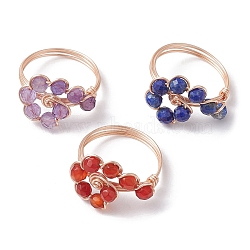 3Pcs 3 Style Natural Mixed Gemstone Braided Beaded Finger Rings Set, Golden Copper Wire Wrapped Stackable Rings, Inner Diameter: 18mm, 1Pc/style(RJEW-TA00106)