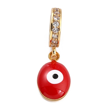 Brass Micro Pave Clear Cubic Zirconia European Dangle Charms, with Enamel, Long-Lasting Plated, Flat Round with Evil Eye, Golden, Red, 20mm,  Flat Round: 11x6.5x3mm, Hole: 5mm
