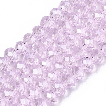 Electroplate Glass Beads Strands, Pearl Luster Plated, Faceted, Rondelle, Pearl Pink, 4x3mm, Hole: 0.4mm, about 123~127pcs/strand, 16.5~16.9 inch(42~43cm)