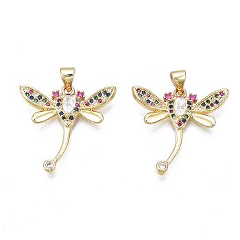 Brass Micro Pave Cubic Zirconia Pendants, , Real 18K Gold Plated, Autumn Pendants, Dragonfly, Colorful, 23x23x4mm, Hole: 3x5mm