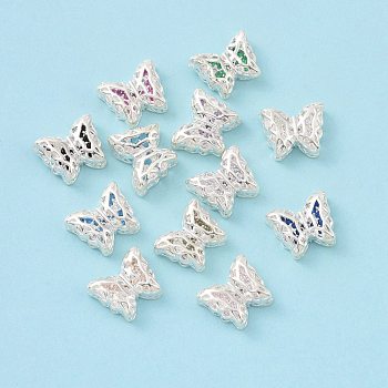 Eco-friendly Brass Cubic Zirconia Multi-Strand Links, Cadmium Free & Lead Free, Butterfly, Silver Color Plated, Mixed Color, 10x12x5mm, Hole: 1.2mm