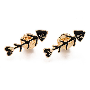 Alloy Enamel Brooches, Enamel Pin, with Brass Butterfly Clutches, Fish Bone, Light Gold, Cadmium Free & Nickel Free & Lead Free, Black, 32x10x2mm, Pin: 1mm