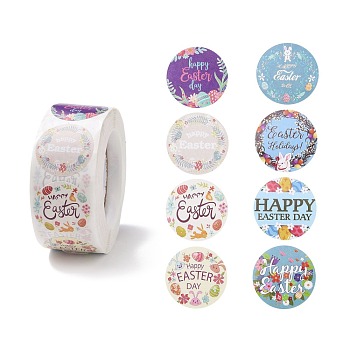 8 Patterns Easter Theme Self Adhesive Paper Sticker Rolls, with Rabbit Pattern, Round Sticker Labels, Gift Tag Stickers, Mixed Color, Happy Easter, Word, 25x0.1mm, 500pcs/roll