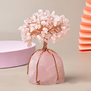 Natural Rose Quartz Chips Tree of Life Decorations, Rose Quartz Base with Copper Wire Feng Shui Energy Stone Gift for Home Office Desktop Decoration, 150mm