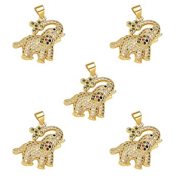 5Pcs Rack Plating Brass Micro Pave Cubic Zirconia Pendants, Cadmium Free & Lead Free, Elephant, Real 18K Gold Plated, 21x22x4mm, Hole: 4x4mm