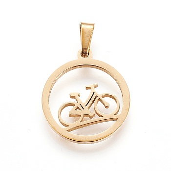 304 Stainless Steel Pendants, Ring with Bicycle, Golden, 19~20x16~17x1.5mm, Hole: 5x2.5mm