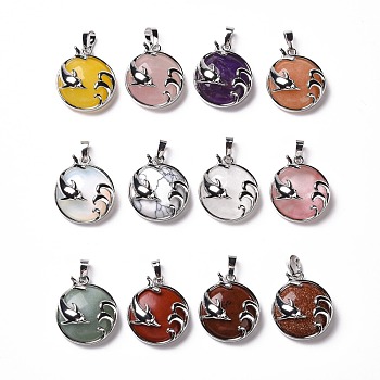 Natural & Synthetic Gemstone Pendants, with Platinum Tone Brass Findings, Cadmium Free & Lead Free, Flat Round with Dolphin, 26.5x23.5x9mm, Hole: 5x8mm