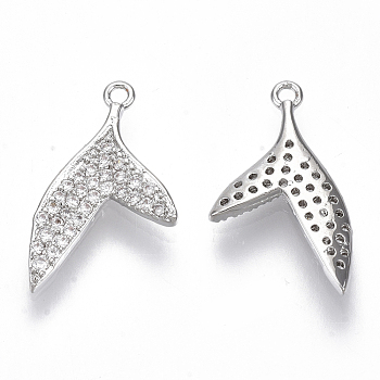 Brass Micro Pave Cubic Zirconia Pendants, Nickel Free, Fish Tail, Clear, Real Platinum Plated, 16.5x9x1.5mm, Hole: 1mm