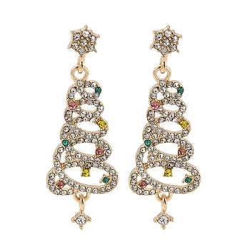 Christmas Trees Alloy Rhinestone Dangle Stud Earrings, with 304 Stainless Steel Pins for Women, Light Gold, 48.4x16.2mm