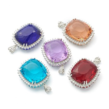 Transparent Faceted Glass Pendants, with Brass Micro Pave Clear Cubic Zirconia Findings, Rectangle, Platinum, Mixed Color, 47.5x39.5x19mm, Hole: 8.5x4mm