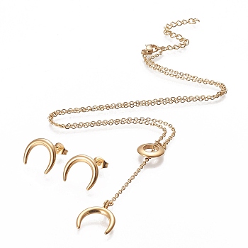 304 Stainless Steel Jeweley Sets, Cable Chain Lariat Necklaces and Stud Earrings, with Lobster Claw Clasps and Ear Nuts, Crescent/Double Horn, Golden, 18.11 inch(46cm), 14x12.5mm, Pin: 0.7mm