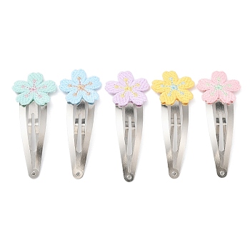 Polyester Embroidered Flower Snap Hair Clips, with Iron Clips, Hair Accessories for Girl, Mixed Color, 67x25x2.5mm