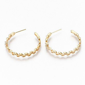 Brass Micro Pave Clear Cubic Zirconia Half Hoop Earrings, Stud Earring, Ring with Leaf, Nickel Free, Real 18K Gold Plated, 34x34x6mm, Pin: 0.7mm