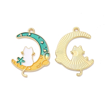 Alloy Enamel Pendants, Golden, Cat with Moon Charm, Turquoise, 28x20.5x1.5mm, Hole: 1.6mm