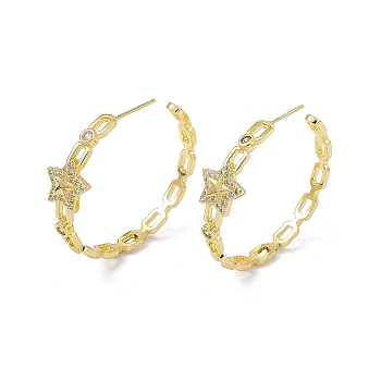 Clear Cubic Zirconia Pentagon Stud Earrings, Rack Plating Brass Half Hoop Earrings for Women, Cadmium Free & Lead Free, Real 18K Gold Plated, 38x40x4~11.5mm, Pin: 0.7mm
