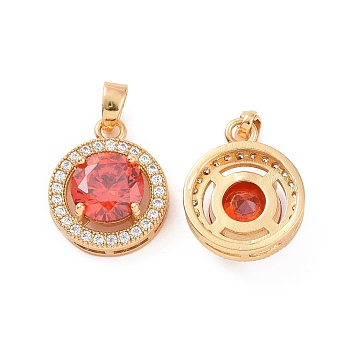 Brass Micro Pave Clear Cubic Zirconia Pendants, Flat Round Charms, Real 18K Gold Plated, Red, 16x13x6mm, Hole: 5x2.5mm