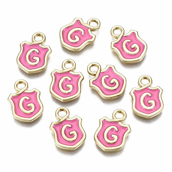 Alloy Enamel Charms, Cadmium Free & Lead Free, Shield with Initial Letters, Light Gold, Letter.G, 14x10x2mm, Hole: 2mm