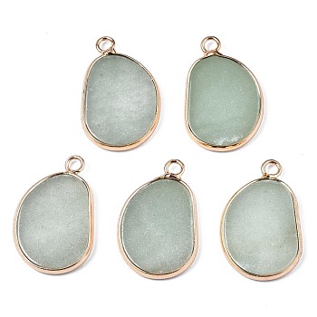 Natural Green Aventurine Pendants, with Golden Plated Brass Edge and Loop, Bean, 25.5x16x2mm, Hole: 2.5mm