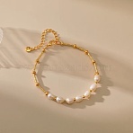 Elegant Natural Freshwater Pearl & Brass Beaded Bracelets for Women, Real 18K Gold Plated, Inner Diameter: 6-3/4 inch(17cm)(RP0175)