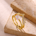 304 Stainless Steel Micro Pave Cubic Zirconia Cuff Open Rings, with Resin, Flower, Real 18K Gold Plated, 13mm, Inner Diameter: 17mm(CU-CBA3A85-03G)