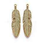 Tibetan Style Alloy Feather Big Pendants, Lead Free & Cadmium Free, Antique Golden, 61x15x3mm, Hole: 2mm(TIBEP-A12720-AG-RS)