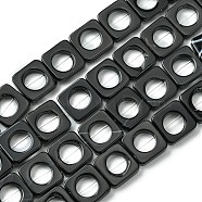 Natural Black Onyx Beads Strands, Dyed & Heated, Square with Hollow Round, 12x12x3mm, Hole: 0.8mm, about 33pcs/strand, 15.63~15.75''(39.7~40cm)(G-D067-F01)