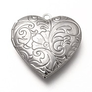 Tarnish Resistant 316 Stainless Steel Locket Pendants, Photo Frame Charms for Necklaces, Heart with Floral Pattern, Stainless Steel Color, 29x28.5x6.5mm, Hole: 2mm, Inner Diameter: 17x21mm(STAS-P268-08P)