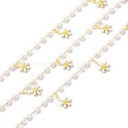 Flower Enamel & Brass & ABS Imitation Pearl Handmade Beaded Chains, Long-Lasting Plated, Soldered, with Spool, Golden, 3~10x3~6.5x2~3mm, about 10.93 yards(10m)/roll(CHC-D029-39G)