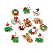 Christmas Theme Opaque Resin Pendants, with Platinum Tone Iron Findings, Gift Box & Santa Claus & Christmas Tree & Wreath & Reindeer/Stag, Mixed Shapes, Mixed Color, 26~31x18~22x5~6mm, Hole: 2mm(FIND-E025-10)