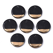 Two Tone Handmade Porcelain Pendants, Ornamental with Gold, Flat Round, Black, 21.5x4mm, Hole: 1.6mm(X-PORC-S501-037)