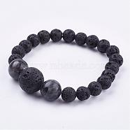 Natural Larvikite Stretch Bracelets, with Natural Lava Rock Beads, Round, 2 inch(52mm)(BJEW-JB03159-01)