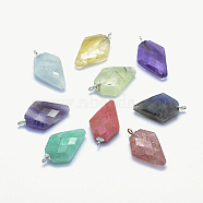 Natural Gemstone Pendants, with Silver Color Plated Brass Findings, Faceted, Arrowhead, 19x11x4.5~5mm, Hole: 1mm(G-I196-02S)