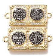 5Pcs Brass Micro Pave Clear Cubic Zirconia Connector Charms, Long-Lasting Plated, Religion, Rectangle with Cross & Goddess, Gunmetal & Golden, 32.5x16x3mm, Hole: 2.3mm(ZIRC-SZ0004-50A)