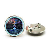Alloy Pin, Glass Flat Round with Tree of Life Brooch, Platinum, 25mm(TREE-PW0001-84F-02)