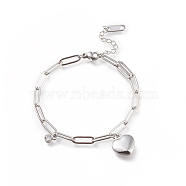 304 Stainless Steel Charm Bracelets, with Paperclip Chains and Clear Cubic Zirconia, Heart, Stainless Steel Color, 6-7/8 inch(17.5cm)(STAS-D152-01P)