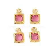 Rack Plating Brass Glass Pendants, Cadmium Free & Lead Free, Long-Lasting Plated, Square, Golden, Hot Pink, 7x4.5x2mm, Hole: 1mm(KK-S385-02G-01)