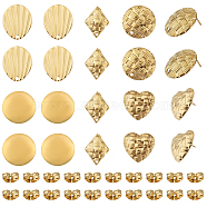 20Pcs 5 Style 304 Stainless Steel Stud Earring Findings, with Vertical Loop, Flat Round & Heart & Rhombus & Shell Shape, Golden, 19~24x17.5~20x2.5~3mm, Hole: 1.6~2.6mm, Pin: 0.7~0.8mm, 4Pcs/style(STAS-CA0002-12)