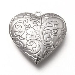 316 Stainless Steel Locket Pendants, Photo Frame Charms for Necklaces, Heart with Floral Pattern, Stainless Steel Color, 29x28.5x6.5mm, Hole: 2mm, Inner Diameter: 17x21mm(STAS-P268-08P)