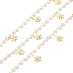 Flower Enamel & Brass & ABS Imitation Pearl Handmade Beaded Chains, Long-Lasting Plated, Soldered, with Spool, Golden, 3~10x3~6.5x2~3mm, about 10.93 yards(10m)/roll(CHC-D029-39G)