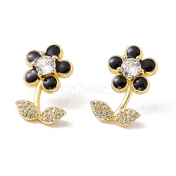 Enamel Flower of Life Stud Earrings with Clear Cubic Zirconia, Rack Plating Brass Jewelry for Women, Real 18K Gold Plated, Cadmium Free & Lead Free, Black, 18x12mm, Pin: 0.6mm(EJEW-I266-12G-01)