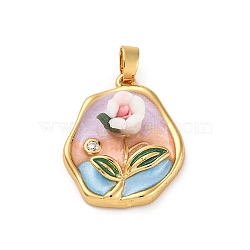 Brass Enamel Pendants, with Resin, Real 18K Gold Plated, Flat Round with Flower Charm, Green, 21.5x18x6mm, Hole: 4x3mm(KK-S502-02G)