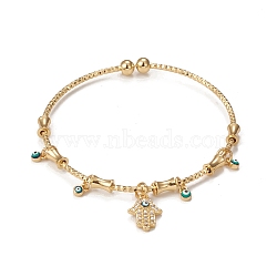 Rack Plating Brass Micro Pave Cubic Zirconia Hamsa Hand Bangles, Enamel Evil Eye Charm Bangles for Women, Long-Lasting Plated, Cadmium Free & Lead Free, Real 18K Gold Plated, Inner Diameter: 2-1/4 inch(5.85cm)(BJEW-E071-24G)