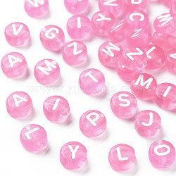 Transparent Acrylic Beads, Horizontal Hole, Mixed Letters, Flat Round, Pearl Pink, 7x4mm, Hole: 1.5mm, about 370pcs/50g(X-TACR-N002-04I)