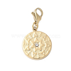 304 Stainless Steel Flat Round with Star Pendant Decoration, with Lobster Claw Clasps and Rhinestone, PVD Vacuum Plating, Real 18K Gold Plated, 27mm(STAS-S165-31G)