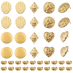 CHGCRAFT 20Pcs 5 Style 304 Stainless Steel Stud Earring Findings, with Vertical Loop, Flat Round & Heart & Rhombus & Shell Shape, Golden, 19~24x17.5~20x2.5~3mm, Hole: 1.6~2.6mm, Pin: 0.7~0.8mm, 4Pcs/style(STAS-CA0002-12)