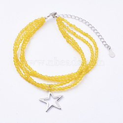 Natural Malaysia Jade Multi-strand Bracelets, with Brass Findings and Pendants, Spring Ring Clasps, Star, Real Platinum Plated, Yellow, 6-7/8 inch(175mm)(BJEW-I247-08-G)